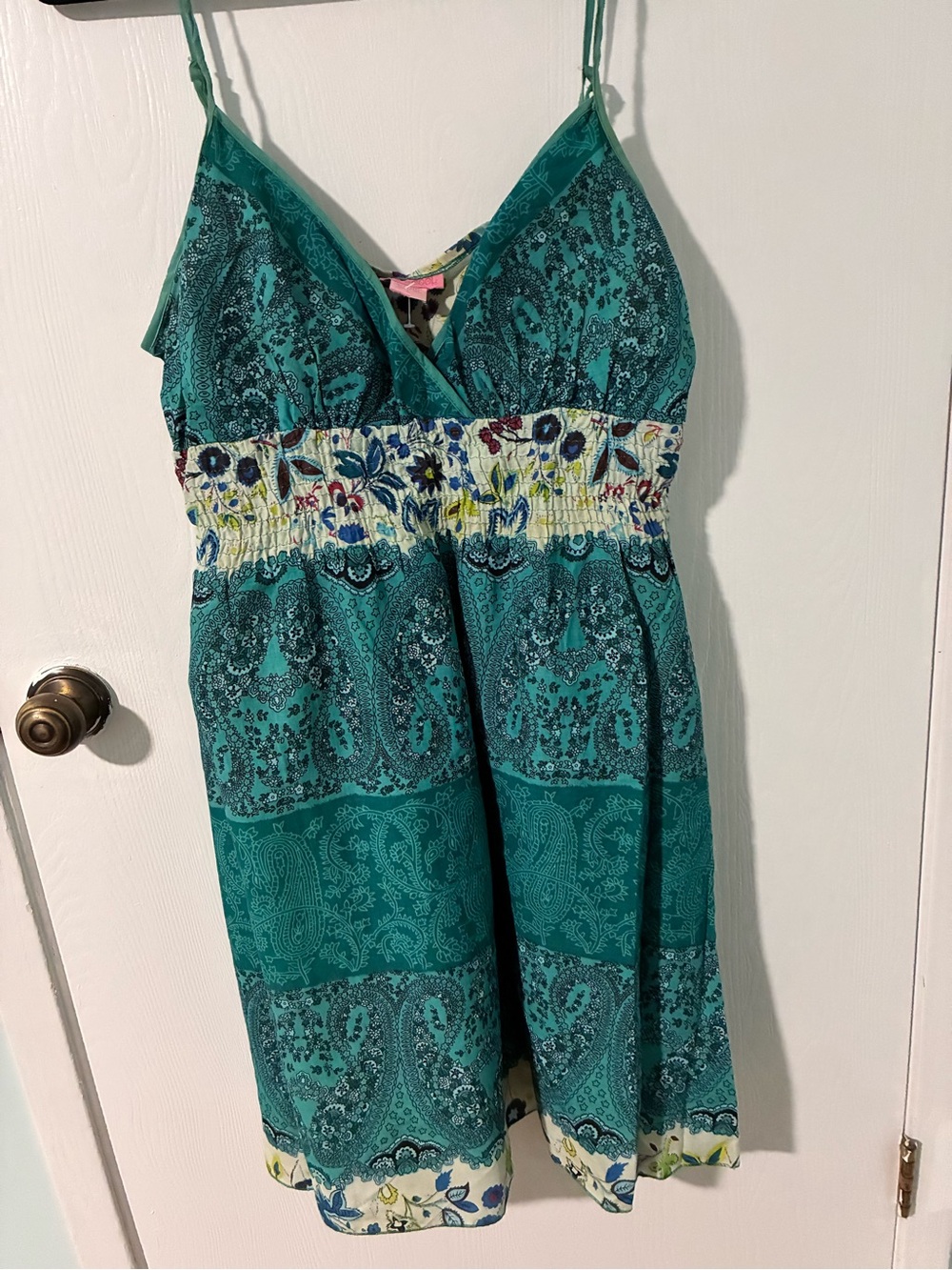 She's Cool Teal Paisley Dress with Floral Smocked Waist